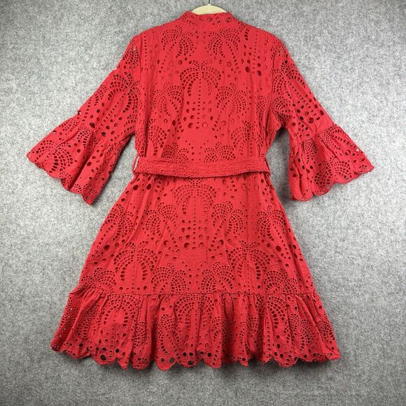 Farm Rio Red Eyelet Lace Palm Tree Belted Mini Dress Womens M Button Pockets - Picture 6 of 16